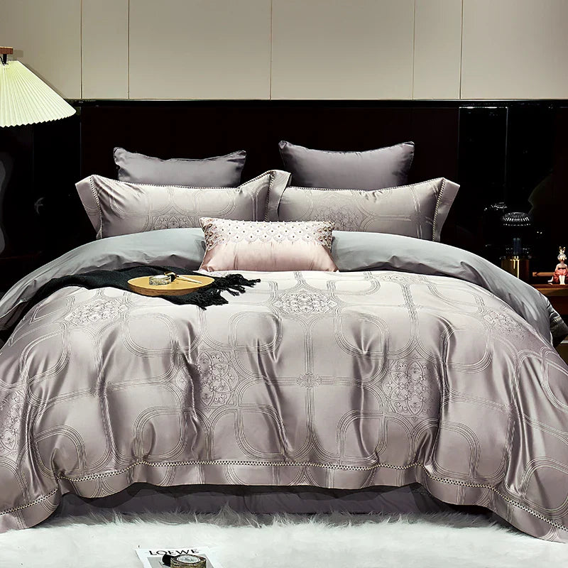 DecorBites™ Gold Leaves Jacquard Cotton Bedding Set with Smooth Egyptian Cotton Duvet Cover