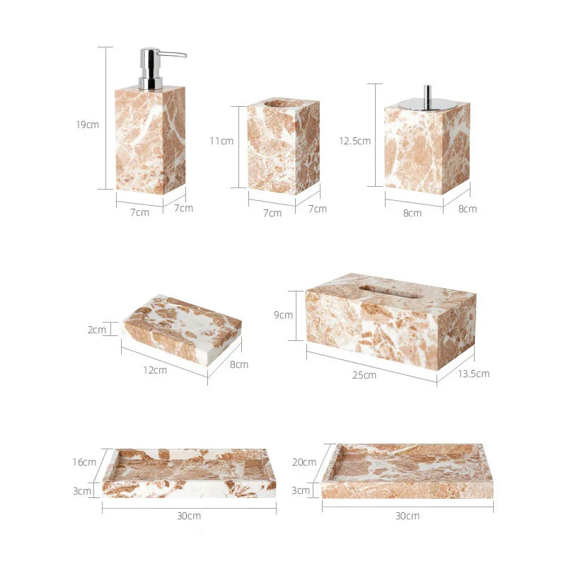 DecorBites™ Coral Pink Marble Bathroom Accessories Set: Dispenser, Dish, Holder, Tissue Box, Tray