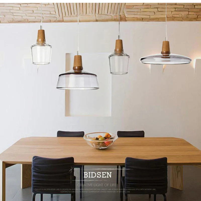 DecorBites™ Glass Lampshade Pendant Light, Wooden Hanging Suspension, Retro American Design