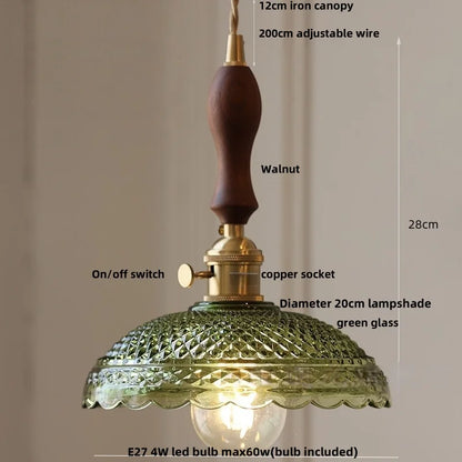 DecorBites™ Green Glass LED Pendant Lamp | Modern Nordic Wood Walnut | Brass Knob Switch | Hanging Light