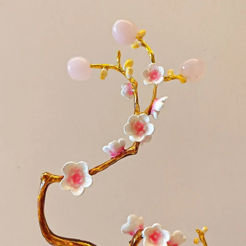 DecorBites™ Golden Tree Crystal Ball Plum Blossom Metal Decor Figurine