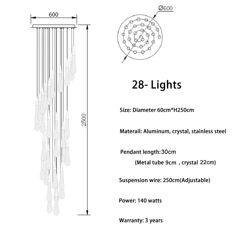 DecorBites™ Gold Drop Design LED Crystal Chandelier for Staircase & Lobby