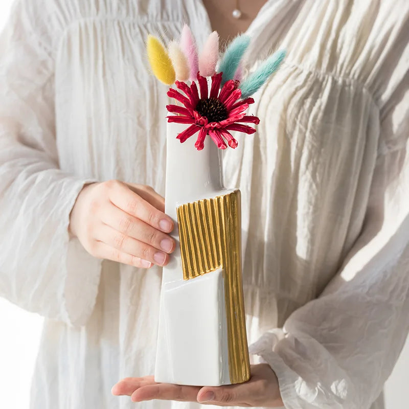 DecorBites™ Geometric Gold Striped Ceramic Vase for Flowers & Hydroponics