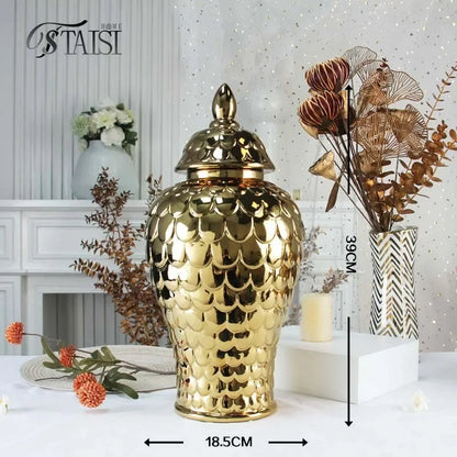 DecorBites™ Geometric Golden Porcelain Jar - Home Decor Vase & Storage Tank