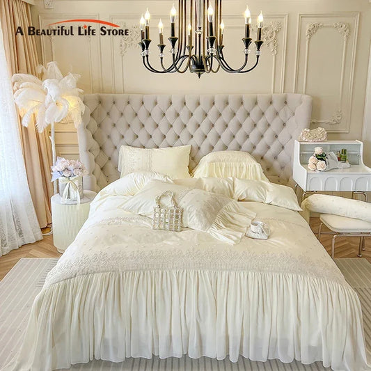 DecorBites™ French Vintage Lace Ruffles Beige Cotton Princess Wedding Bedding Set