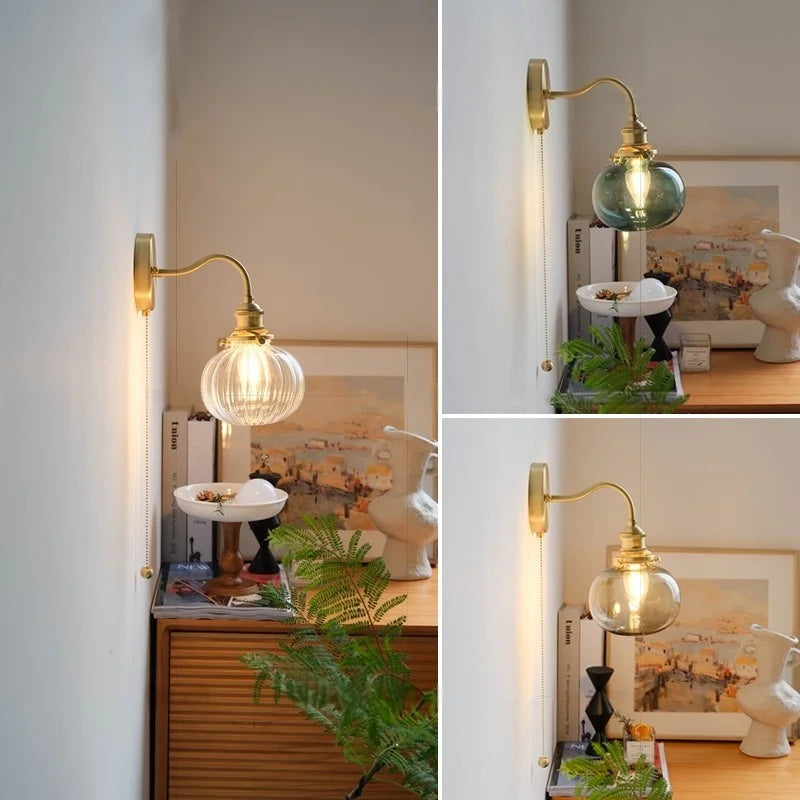 Green Glass Wall Sconce Copper Socket Pull Chain