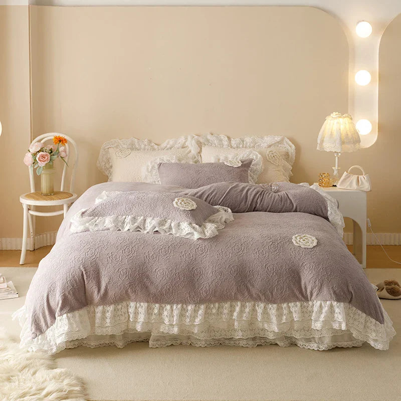 DecorBites™ Luxe Carved Velvet Lace Ruffles Bedding Set with Quilted Bed Skirt
