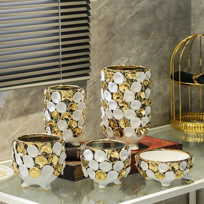 DecorBites™ Geometric Gold Leaf Relief Ceramic Vase - Elegant Hand-Appliqued Flower Pot Home Decor