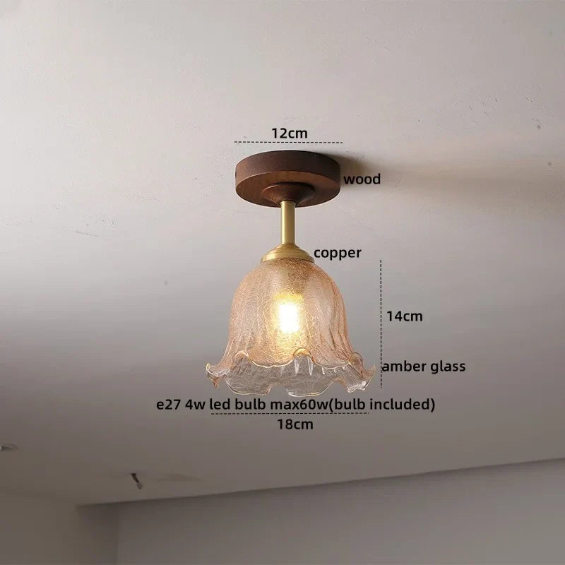Green Glass Ceiling Lamp Copper Wood Accent