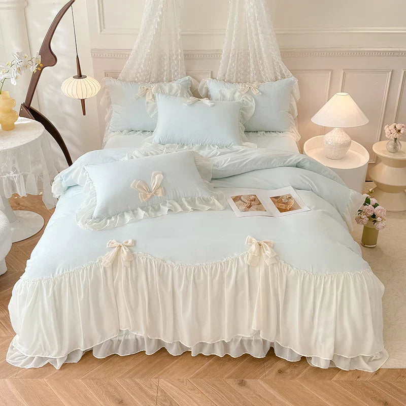 DecorBites™ Korean Lace Bow Bedding Set: Luxury Princess Quilt Cover for Girls Wedding Home Textiles