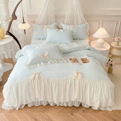 DecorBites™ Korean Lace Bow Bedding Set: Luxury Princess Quilt Cover for Girls Wedding Home Textiles