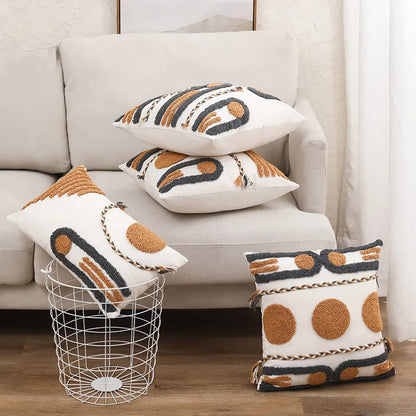 DecorBites™ Geometric Embroidered Cotton Canvas Cushion Cover Home Decor Boho Style