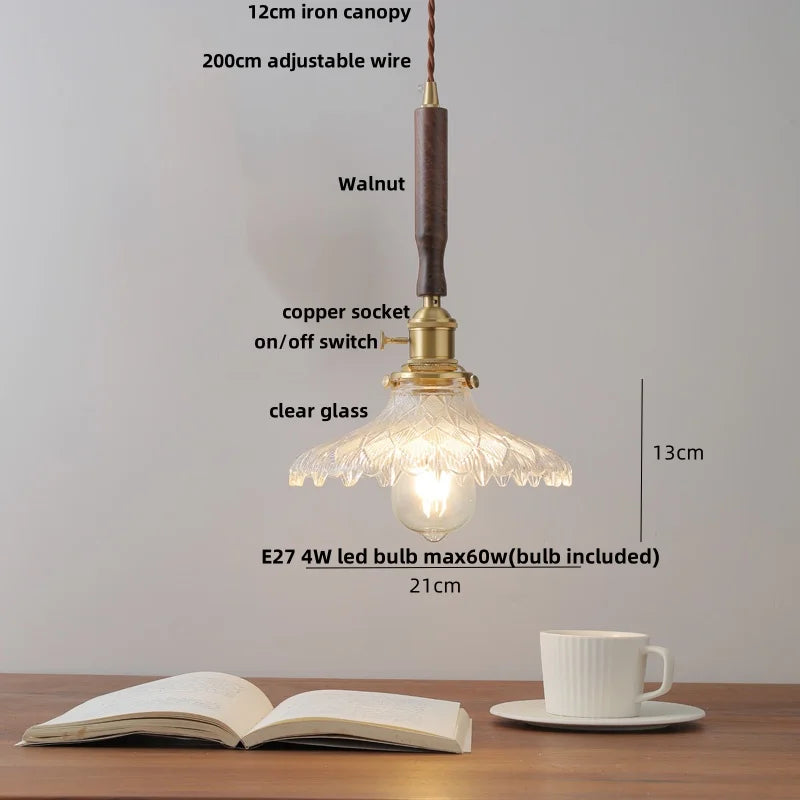 DecorBites™ Glass LED Pendant Lamp Walnut Wood Copper Switch Nordic Hanging Light