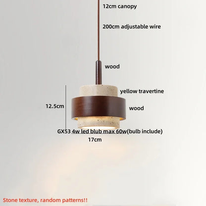 DecorBites™ LED Wood Canopy Pendant Lights Yellow Travertine Stone Hanging Lamp