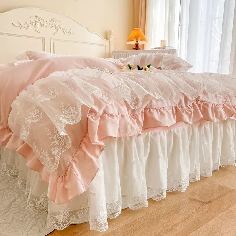 DecorBites™ French Princess Lace Ruffles Bedding Set, 100% Cotton, Pink Romantic Theme
