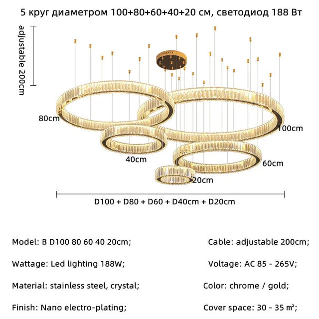 Gold Crystal Ring Chandelier Dia120cm Modern LED
