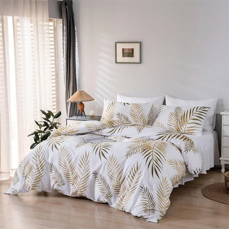 DecorBites™ Gold Print Queen Duvet Set with 2 Pillowcases - Soft & Stylish Bedding Solution