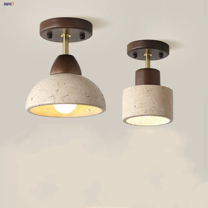 Wood Glass Pendant Light Yellow Travertine Accent
