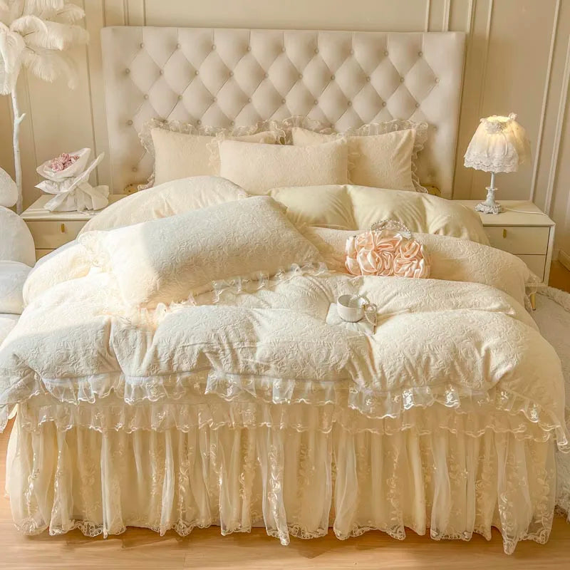 DecorBites™ Lace Princess Bedding Set with Velvet Bed Skirt & Quilt Cover