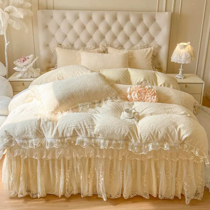 DecorBites™ Lace Princess Bedding Set with Velvet Bed Skirt & Quilt Cover