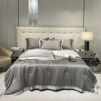 DecorBites™ Ice Silk Embroidered Quilt Set: Luxury European Style, Cooling Comforter