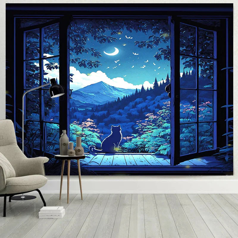 DecorBites™ Dreamy Window Cat Tapestry Landscape Wall Cloth for Bedroom & Living Room
