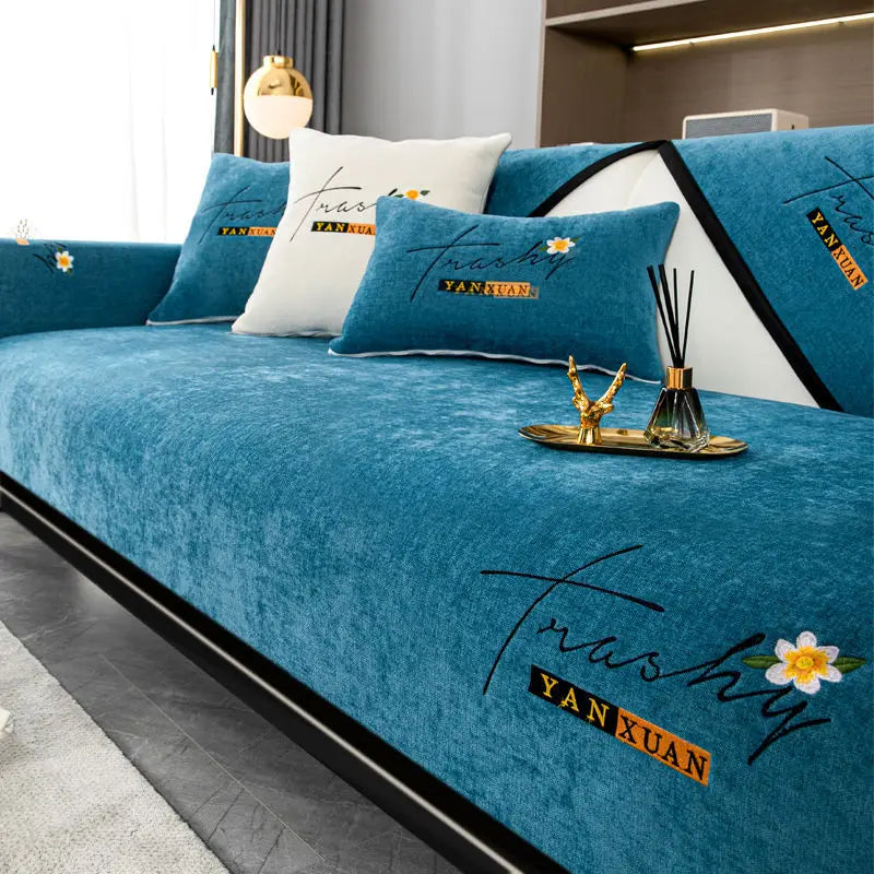 Soft Chenille Embroidery Four Season Universal Sofa Towel, L-shaped Sectional Anti-slip Sofa Cover for Living Room