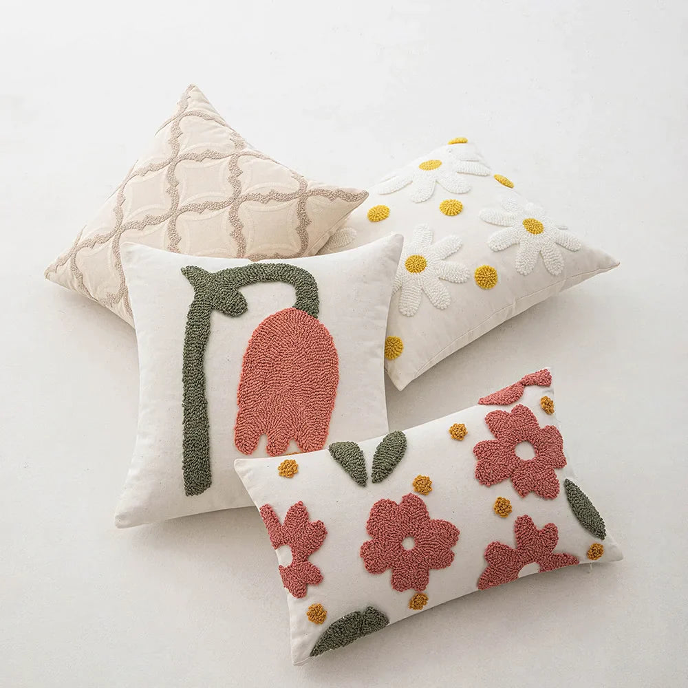 DecorBites™ Geometric Embroidery Beige Floor Pillow Cover for Living Room Sofa