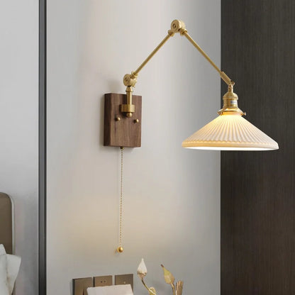 DecorBites™ Copper Swing Arm LED Wall Sconce Pull Chain Switch Rotate Walnut Canopy