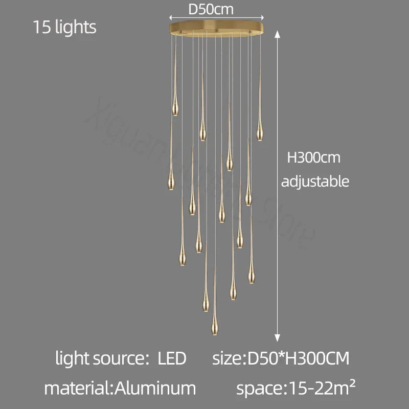 Gold Duplex LED Chandelier 12-Light Staircase