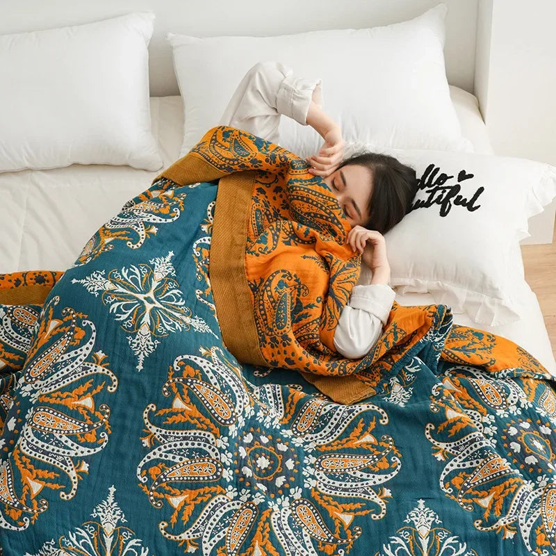 DecorBites™ Geometric Cotton Gauze Summer Blanket – Stylish Home Textile for Adults
