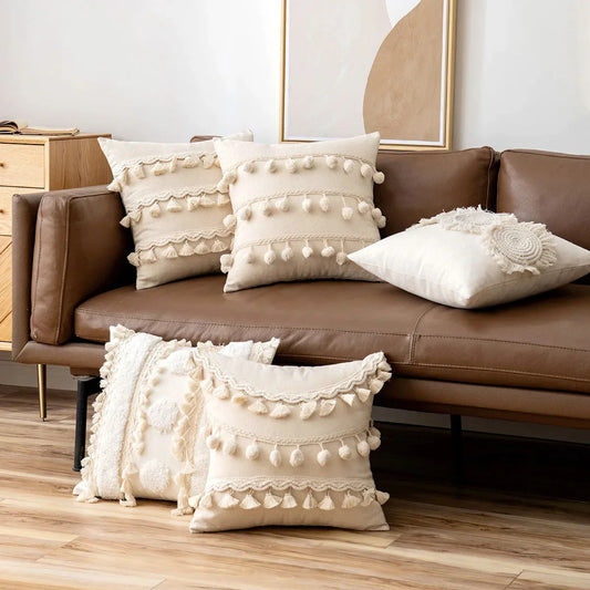 DecorBites™ Ivory Cushion Cover with Pompom Tassels - Home Decor for Living Room Sofa Booth