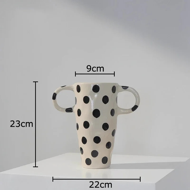 DecorBites™ Black Polka Dot Ceramic Vase for Table Flower Arrangement and Room Decor