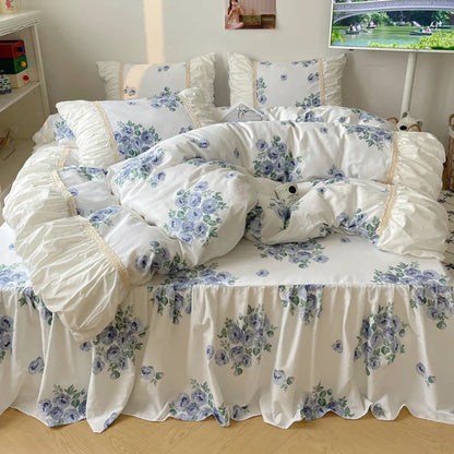 DecorBites™ Korean Princess Flowers Bedding Set - Duvet Cover, Bed Skirt, Pillowcases