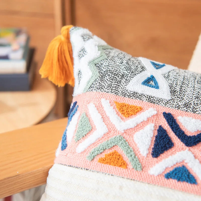 DecorBites™ Embroidered Blue Tufted Boho Pillow Cover with Tassel, Lumbar Decorative Cushion