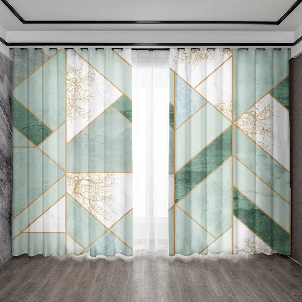 DecorBites™ Green Marble Rod Pocket Curtains for Home Decoration