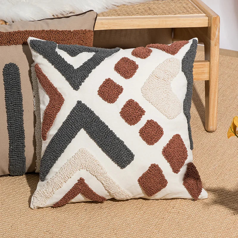 DecorBites™ Geometric Embroidery Boho Loop Tufte Cotton Canvas Cushion Cover 45x45/30x50cm