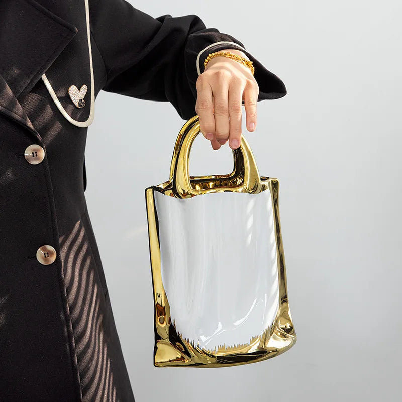 Gold Handbag Ceramic Vase Large Tabletop Decor
