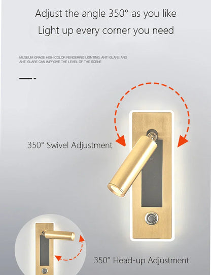 DecorBites™ Dimmable LED Wall Sconce Rotation Reading Light for Bedroom Living Room