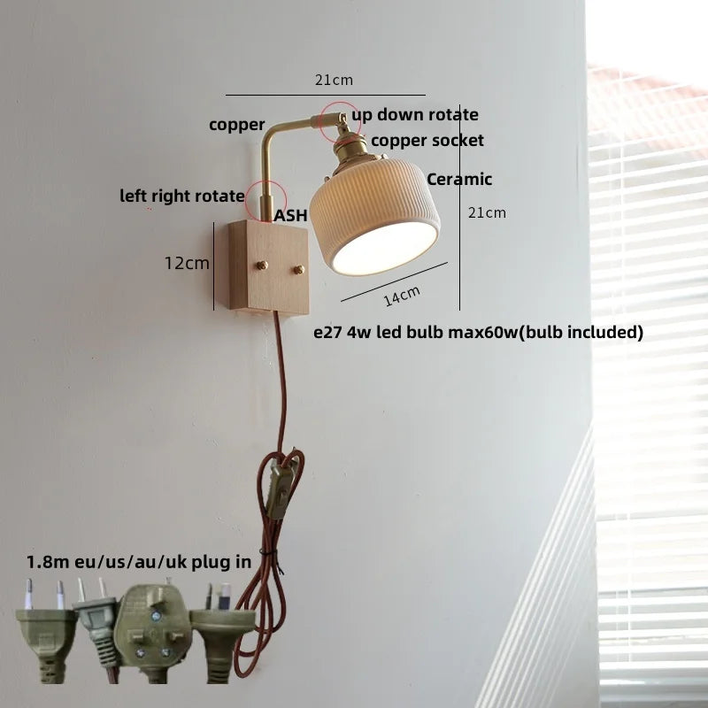 DecorBites™ Globe Ceramic Walnut Wood Wall Light with Pull Chain Switch and Rotatable Design