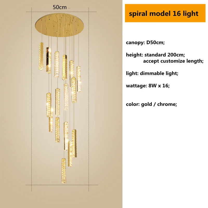 DecorBites™ Gold Chrome Steel Crystal Pendant Lights with Dimmable LED for Villa Stair