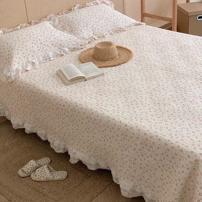 DecorBites™ Korean Princess Floral Lace Ruffles Bedspread Set with 100% Cotton Quilting