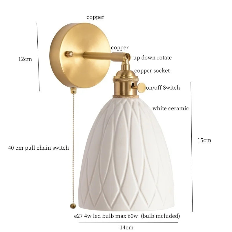 DecorBites™ Ceramic LED Wall Sconce with Pull Chain for Bedroom, Living Room, or Bathroom