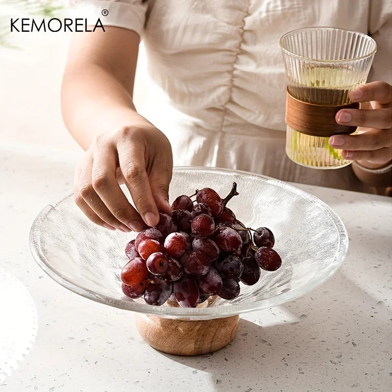 DecorBites™ Creative Glass Fruit Plate with Wooden Base | Elegant Home Decor for Living Room Coffee Table