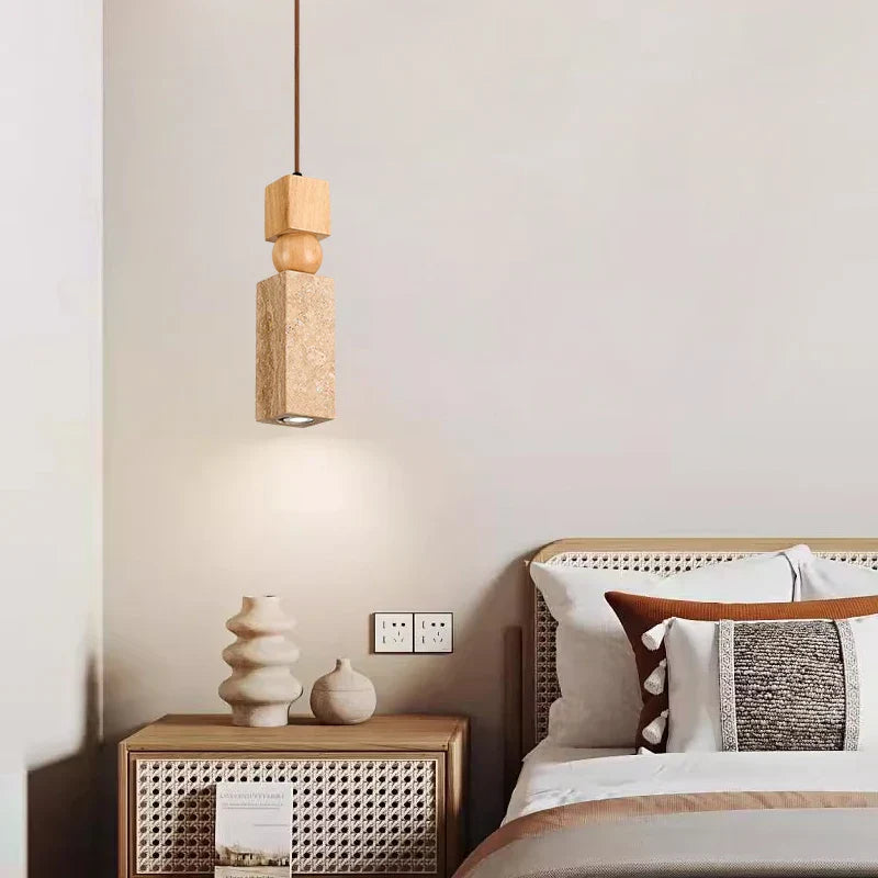 DecorBites™ Cuboid Stone LED Pendant Lights Wood Yellow Travertine Interior Lighting Hanging Lamp