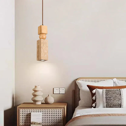 DecorBites™ Cuboid Stone LED Pendant Lights Wood Yellow Travertine Interior Lighting Hanging Lamp