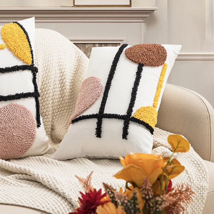 DecorBites™ Geometric Embroidery Boho Loop Tufte Cotton Canvas Cushion Cover 45x45/30x50cm