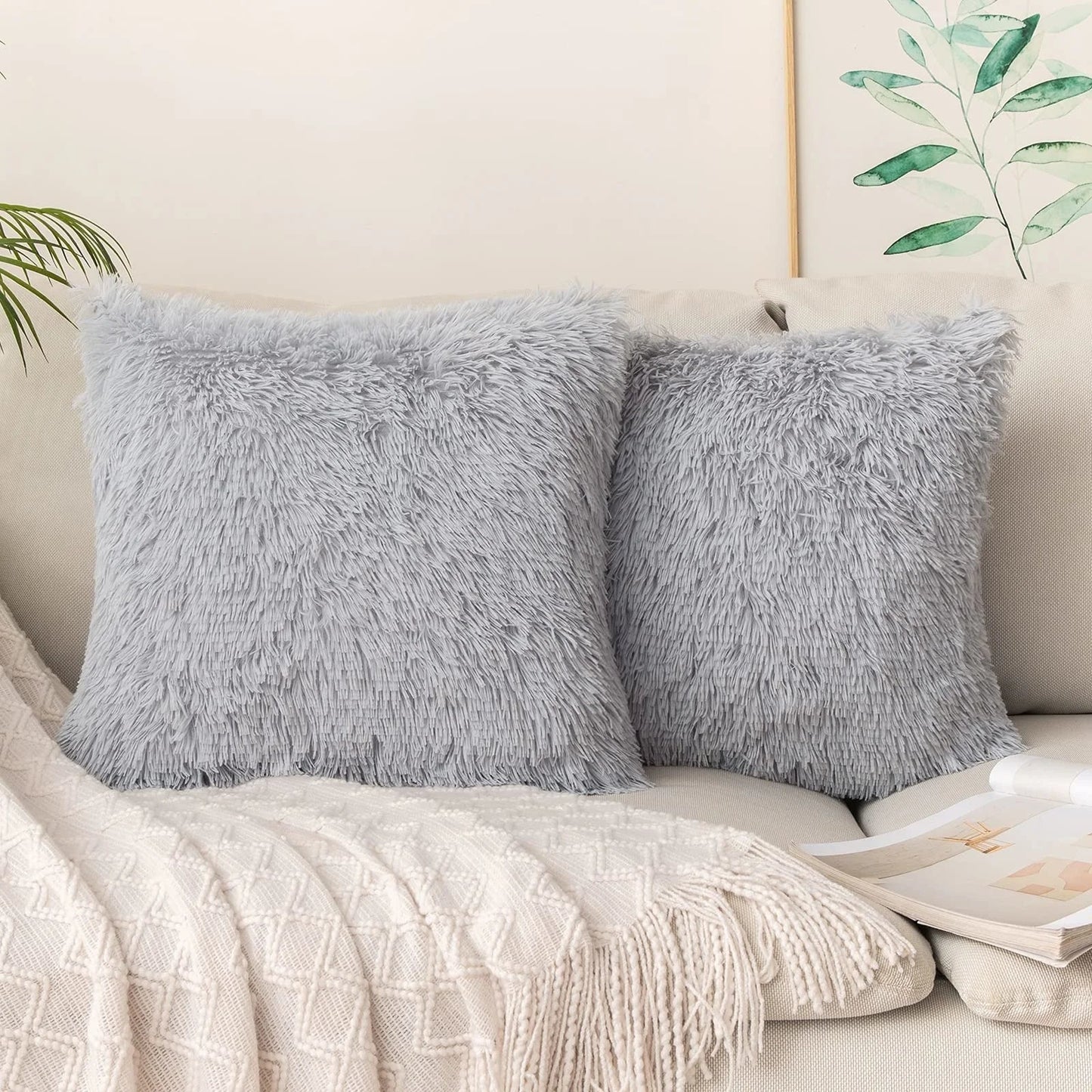 DecorBites™ Cozy Plush Fur Cushion Cover 43x43cm White Grey Sofa Decor Pillowcase