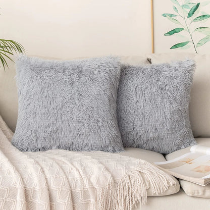DecorBites™ Cozy Plush Fur Cushion Cover 43x43cm White Grey Sofa Decor Pillowcase