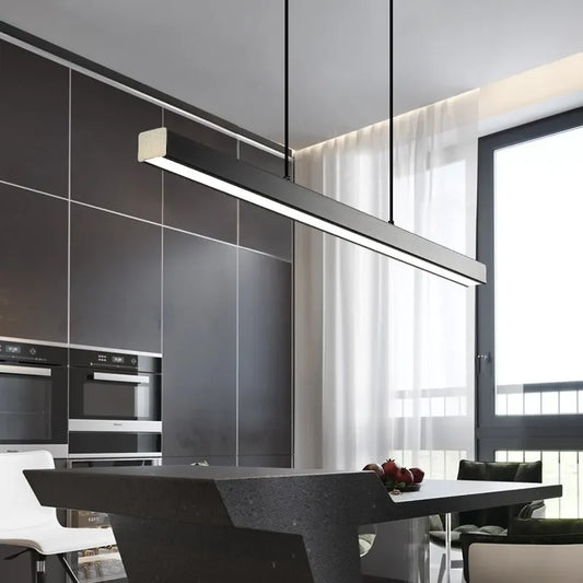 DecorBites™ LED Linear Pendant Light - White Black Wood Finish - Long Hanging Office Fixture
